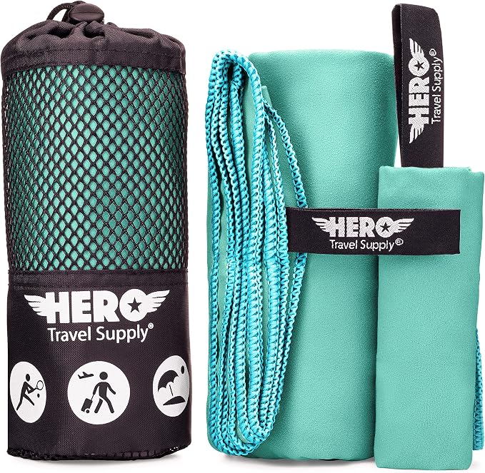 Hero Microfiber Towel, Camping, Beach, Gym, Includes Bonus Washcloth (Aquamarine, 24" x 48")