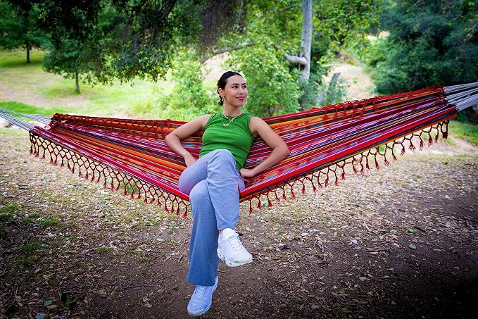 Boho Classic Hammock with Tassel, Handmade, Weather-Resistant, Hammock for Indoor & Outdoor, Lightweight Durable - for Patio, Porch, Backyard Lounging (Inti Red)