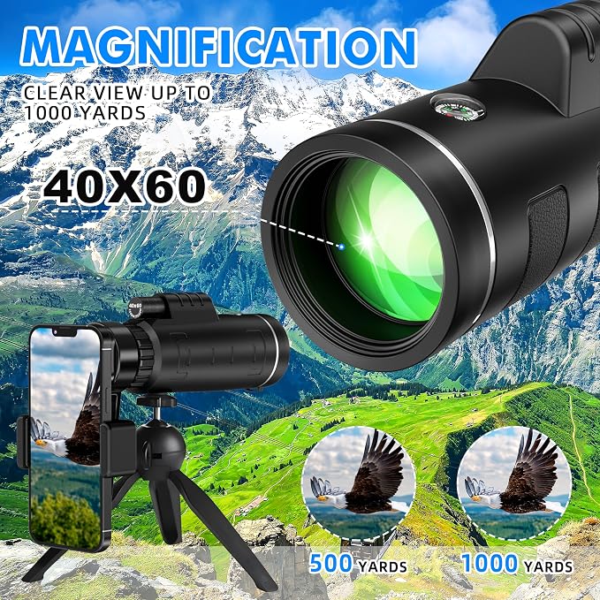 40x60 Monocular Telescope for Adults, Compact HD Monocular for Sports Events, Soccer Games, Concerts, Birdwatching, Hiking, Camping and Travel