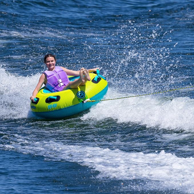 O'Brien LeTube Deluxe Towable Tube – 1 Person Donut-Style Inflatable for Boating & Lake Watersports – 56" Durable Full Nylon Cover, Lightning Valve & Quick-Connect Tow Hook