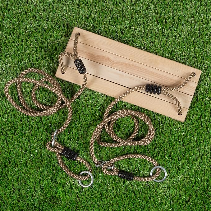 HEY! PLAY! Wooden Swing, Outdoor Flat Bench Seat with Adjustable Nylon Hanging Rope for Kids Playset Frame or Tree, Backyard Swinging Toy, Brown