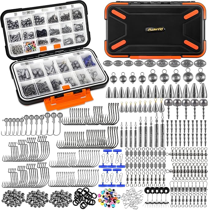 PLUSINNO 397pcs Fishing Accessories Kit and 404 PCS Fishing Lures, Upgrade XL Fishing Tackle Box with Tackle Included