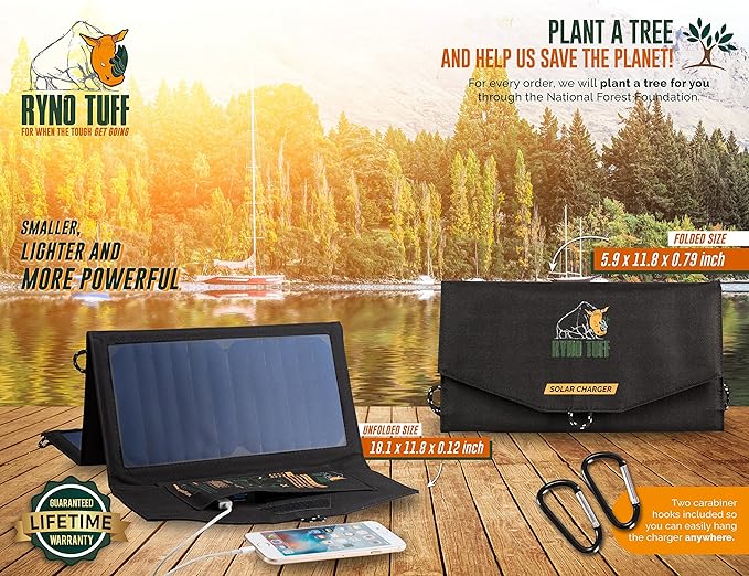 Ryno Tuff 21W Lightweight Portable Solar Charger for Camping - Foldable Solar Powered Cells with 2 USB Ports To Fast Charge Smartphones, Tablets & Battery Packs -Charge While Hiking, Camping & Fishing