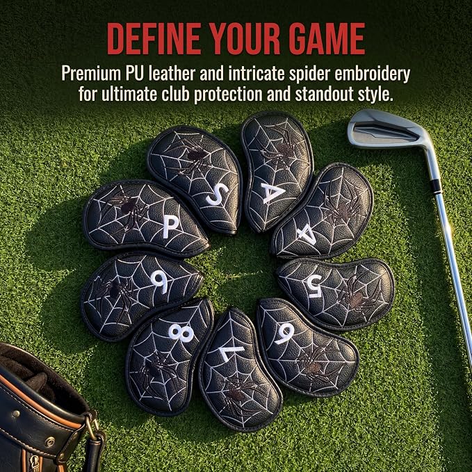 Vesperlux Spider Golf Headcovers Driver Wood Hybrid Iron | Waterproof Leather, Magnetic Putter Cover, Anti-Slip Fit, Full Protection, Durable, Fits Alignment Stick, Men's Golf Gift
