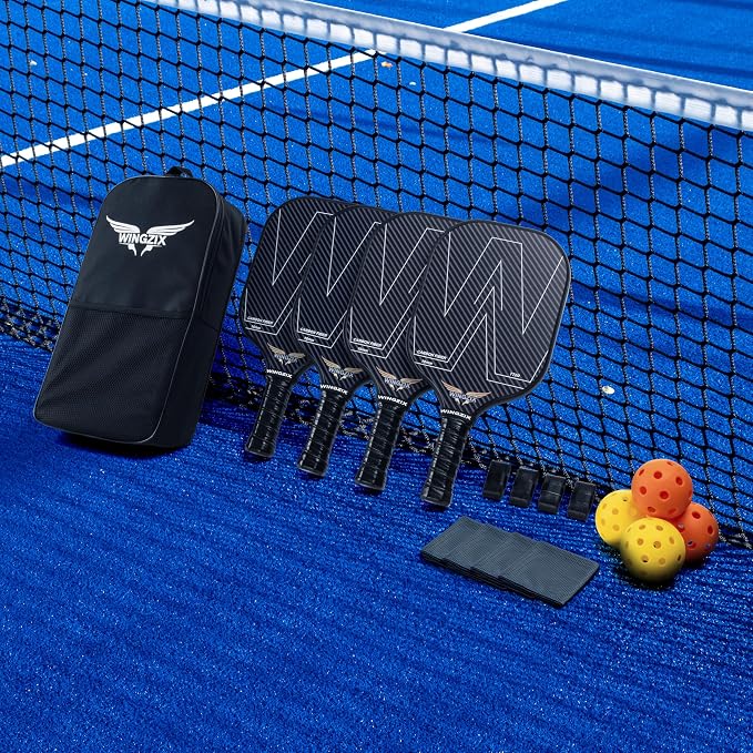 Pickleball Paddles Set of 4 - Pickle Ball Paddles Bundle with T700 Carbon Fiber Rackets, 4 Indoor & Outdoor Balls, Grip Tape, Carry Bag - 16mm Honeycomb Core - Premium Gift Set for Family