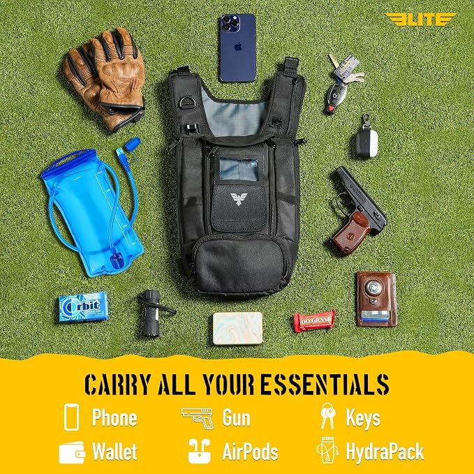 Elite Hydra Running Chest Pack w/ Gun Holster, Phone Holder Touch Friendly, Camera Pocket for Men/Women Lightweight Hydration Vest Chest Rig w/ Water Bladder for Marathon, Cycling, ADV Camping, Skiing