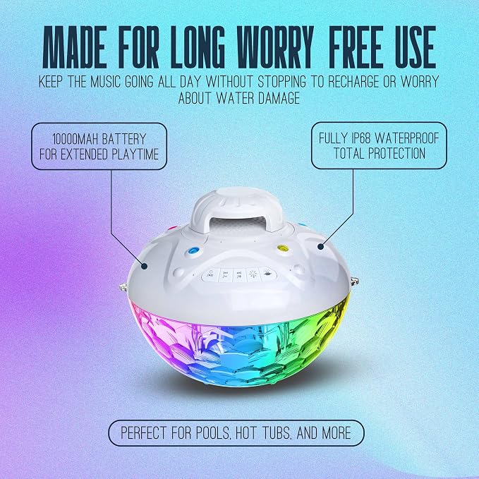 Floating Pool Speaker with Fountain & RGB Lights, 3-in-1 Bluetooth 5.4 Waterproof Speaker, IP68 Shower Speaker,Inflatable Hot Tub Accessories,10000mAh Battery,24H Playtime,Loud Stereo Outdoor Speaker