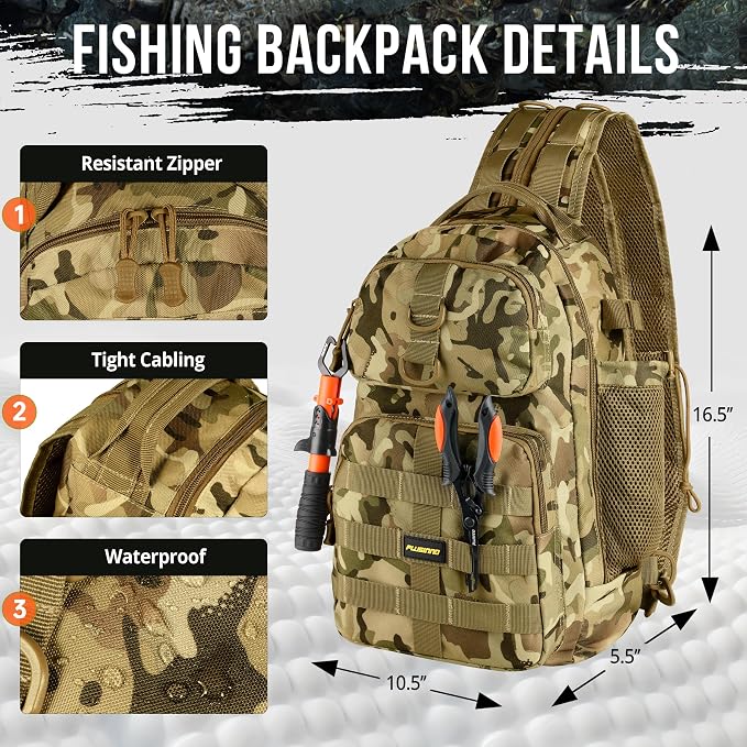 PLUSINNO Fishing Backpack with Tackle Boxes, Waterproof Sling Tackle Bag For Fishing Gear With Rod Holder, Fish Gifts for Men With Fish lures, Fish pliers.