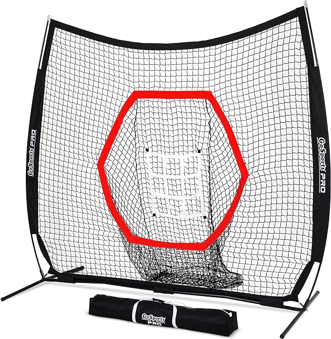 GoSports 7 ft x 7 ft Baseball & Softball Nets - Red, Black, Drip or PRO - Practice Hitting & Pitching Net with Bow Type Frame, Carry Bag and Strike Zone, Great for All Skill Levels