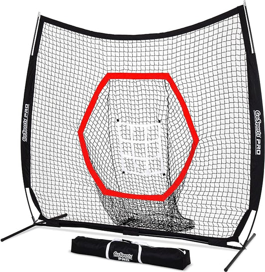 GoSports 7 ft x 7 ft Baseball & Softball Nets - Red, Black, Drip or PRO - Practice Hitting & Pitching Net with Bow Type Frame, Carry Bag and Strike Zone, Great for All Skill Levels