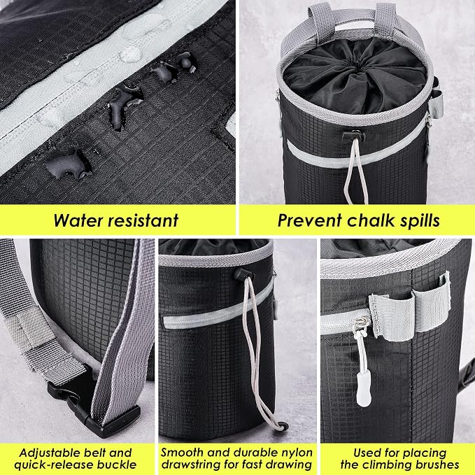 Chalk Bag for Rock Climbing, Bouldering Bag Bucket, 2 Waterproof Zipper for Gymnastics, Cross Fit, and Lifting (Large)