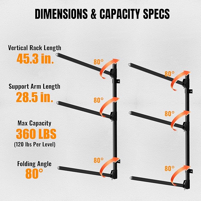3 Tier Kayak Wall Mount Rack, 45.3" Heavy Duty Canoe Storage Brackets, Foldable Space Saving Hanger, 304 Stainless Steel Screws for Outdoor & Indoor, Fits SUP/Paddle Board