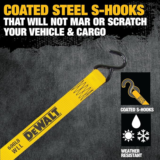 DEWALT DXBC18001 Black/Yellow 1.25" x 12' Ratchet Tie Down Strap - Light-Weight Cargo Hauling (1800 lb Break Strength)