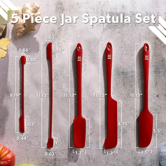 DI ORO Silicone Jar Spatulas for Scraping - Rubber Spatulas Silicone Heat Resistant - Kitchen Spatulas Nonstick Cookware Safe - Silicone Utensil Set for Blenders, Mixing, Baking, & Makeup (5pc, Red)