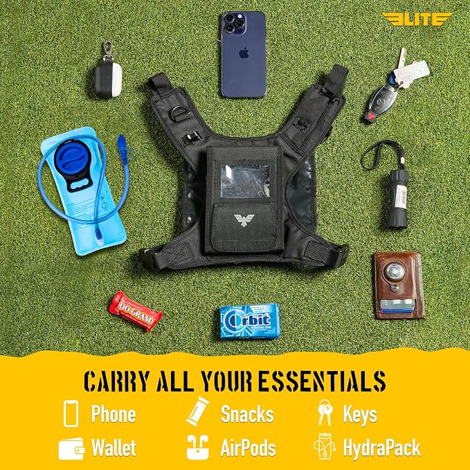 Elite Hydra Running Chest Pack w/ Gun Holster, Phone Holder Touch Friendly, Camera Pocket for Men/Women Lightweight Hydration Vest Chest Rig w/ Water Bladder for Marathon, Cycling, ADV Camping, Skiing