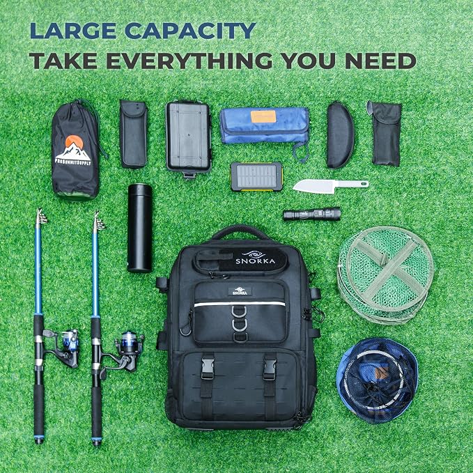 Fishing Backpack with Tackle Boxes and Rod Holders 40L; Plus Rain Cover, Padded Back Support, Insulated Front Pocket for Hot/Cold Lunch, Water Bottle Holder (Tactical Black)