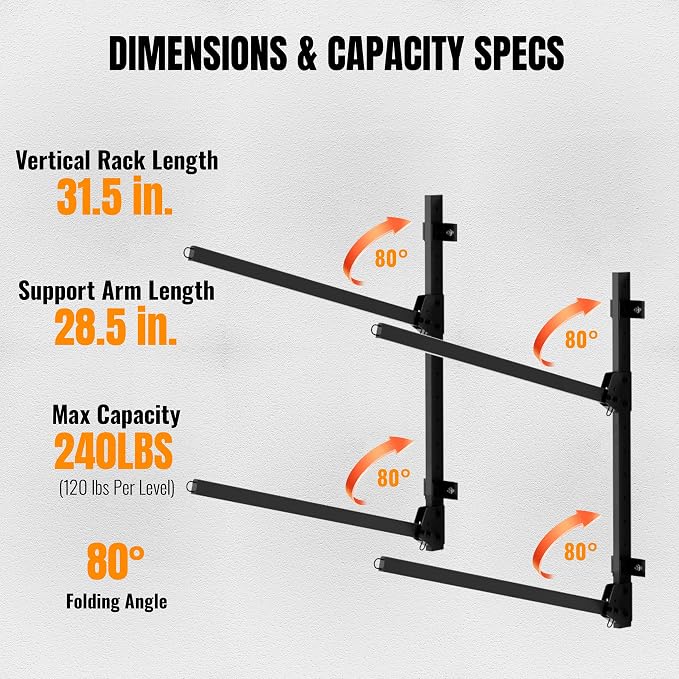 2-Tier Foldable Kayak Wall Mount Rack - Heavy Duty Steel Storage Hanger for Garage, Holds Kayaks, Canoes, Paddleboards - Space-Saving Swing-Away Design (Black)