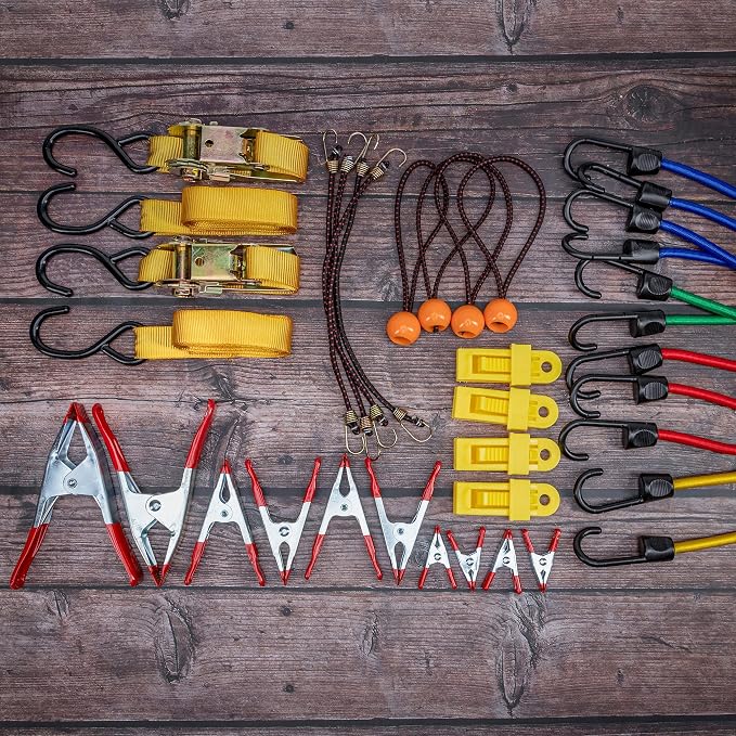 TOOLUXE 50888L Bungee Cords Kit, 36pc Assorted Bungee Cord Hooks Set, Large & Small Loop Rope with Hooks, Outdoor Canopy Ties, Ratcheting Straps, Steel Spring Clamps, Plastic Alligator Tarp Clips