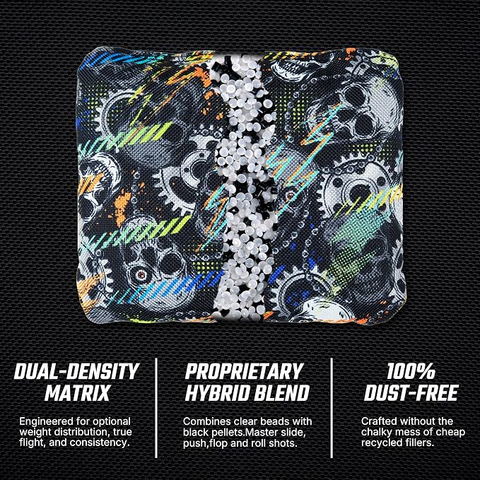 Professional Cornhole Bags Set of 8 - Dual Sided Stick & Slide (Suede/Woven) - Premium Resin Filled Regulation Weight & Size (6x6, 16oz) - Double Stitched Reinforced Seams with Carry Tote