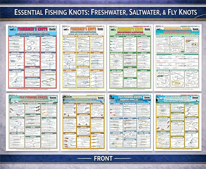 Fishing Knot Tying Chart Set #1-8 - Waterproof Quick Reference Guide to Essential Fishing Knots - (Freshwater, Saltwater, and Fly Knots) - Double-Sided & Easy to Read - Great Gift for Beginners