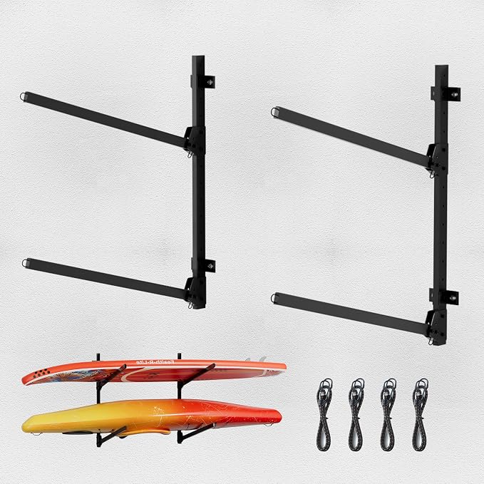 2-Tier Foldable Kayak Wall Mount Rack - Heavy Duty Steel Storage Hanger for Garage, Holds Kayaks, Canoes, Paddleboards - Space-Saving Swing-Away Design (Black)