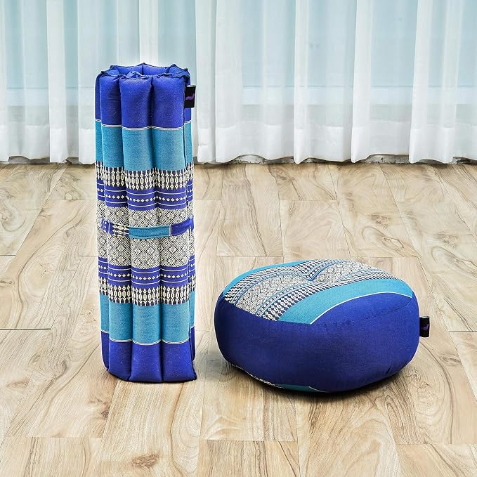 Leewadee Meditation Cushion Set – 1 Small Zafu Yoga Pillow and 1 Small Roll-Up Zabuton Mat Filled with Kapok