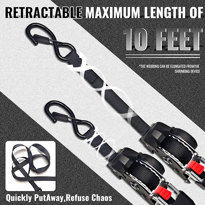 KJE Retractable Ratchet Straps, (4) 1" x 10' Tie Down Strap + (4) Soft Loop - Heavy Duty 1,650lb Max Break Strength, S-Hook with Clip, Self Retracting Ratchet Strap for Motorcycle, Kayak, ATVs, Boats