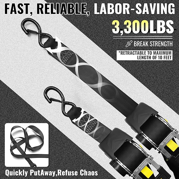 KJE Retractable Ratchet Straps, (4) 2" x 10' Automatic Tie Down Strap Sets + (4) Soft Loops - Heavy Duty 3,300lb Max Break Strength, S-Hook with Clip, Self Retracting Strap for Motorcycle, Kayak, ATVs