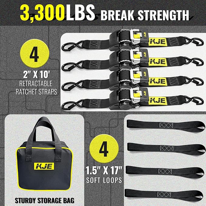 KJE Retractable Ratchet Straps, (4) 2" x 10' Automatic Tie Down Strap Sets + (4) Soft Loops - Heavy Duty 3,300lb Max Break Strength, S-Hook with Clip, Self Retracting Strap for Motorcycle, Kayak, ATVs